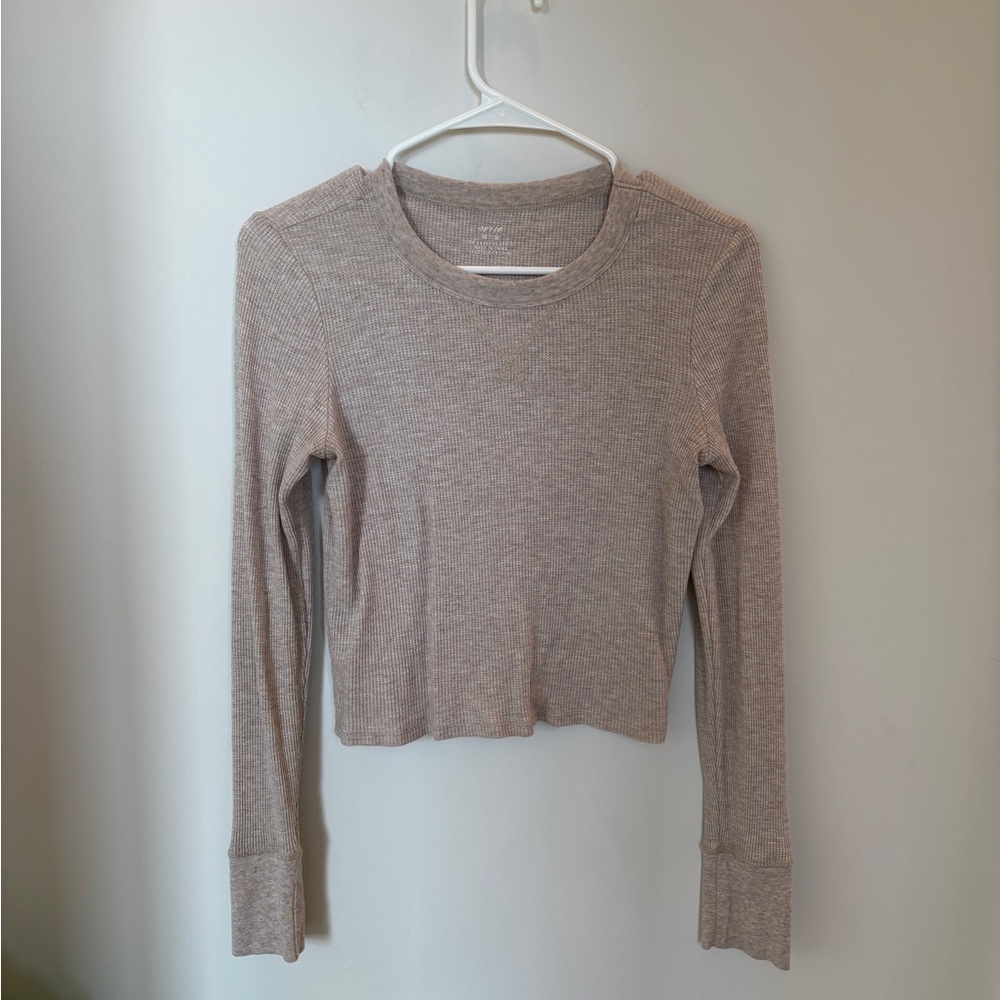 Aerie Waffle Long Sleeve Cropped Baby Tee - Heather Fawn (Tan) - Medium